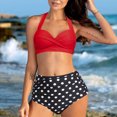 thumbnail image 2 of Pompotops Women Vintage Swimsuit Two Piece Retro Halter Ruched High Waist Print Bikini Set S-2XL, 2 of 7