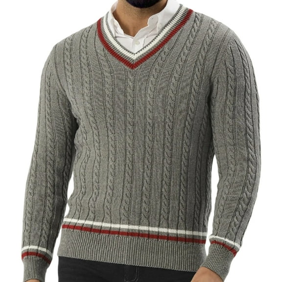 Men's Cable Knit V-Neck Sweater Long Sleeve Classic Fit Casual Pullover Top