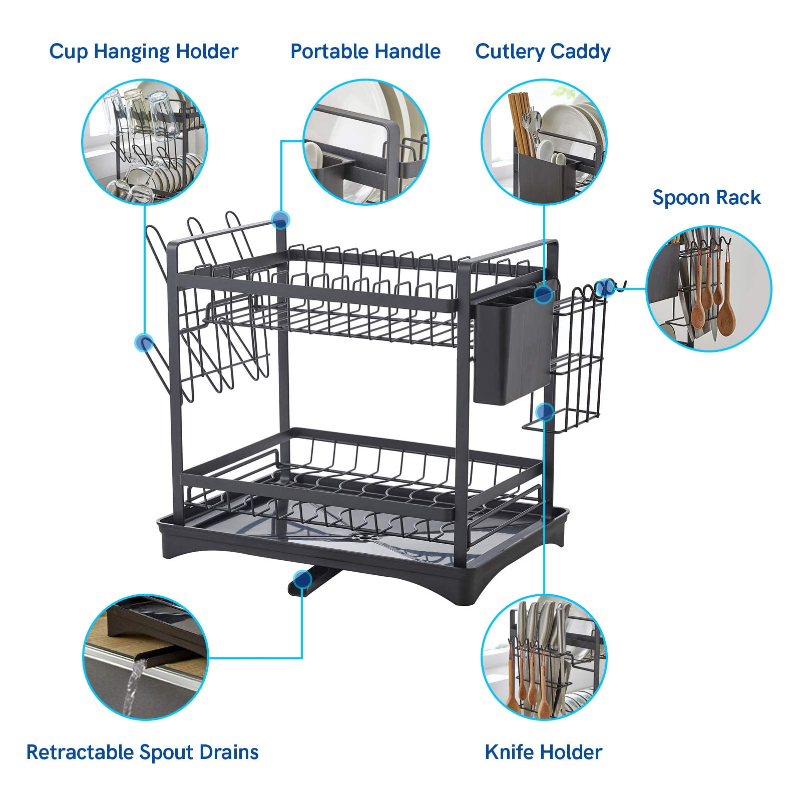 Kroyicegears 2 Tier Dish Drying Rack - Stainless Steel Dish Racks for Kitchen Counter with Drainboard and Cutlery Holder, Large, Black