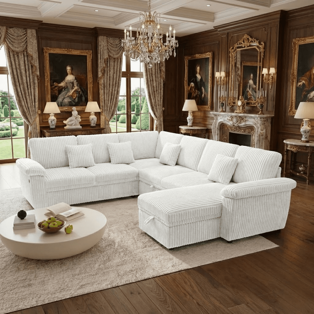 Howcool Modular Sectional Sleeper Sofa with Pull-Out Bed, U-Shaped Convertible 7-Seat Cloud Couch with Storage Chaise & USB Charging, Plush Corduroy Sectional for Living Room,Beige