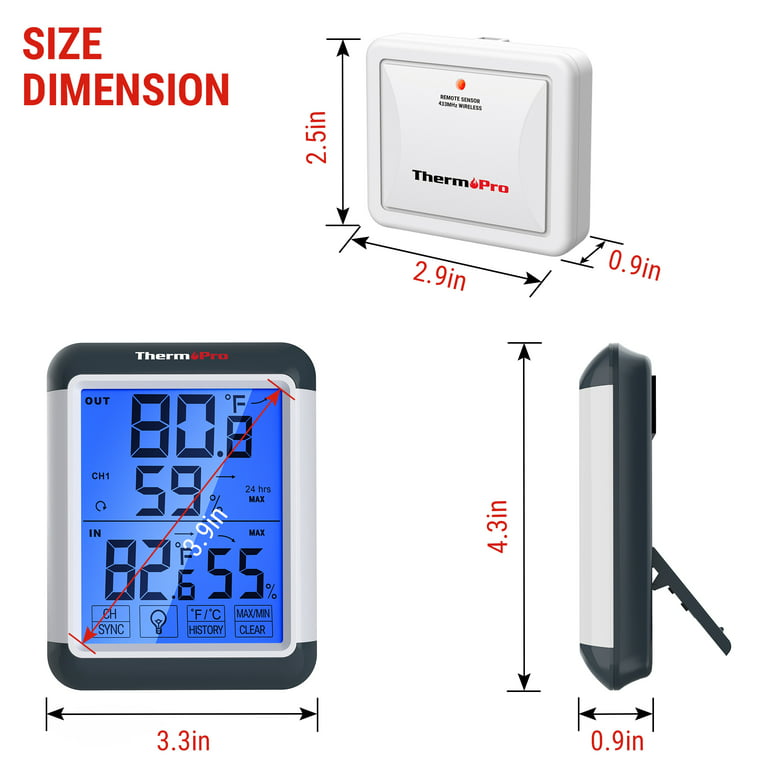 Indoor Outdoor Thermometer Wireless Digital Hygrometer Temperature and Humidity Monitor with Touchscreen LCD Backlight, 200ft/60m Range, Battery Inclu
