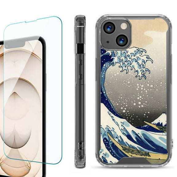 Shockproof Bumper Phone Case for iPhone 13, with Tempered Glass Screen Protector, by OneToughShield ® - Great Wave