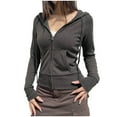 thumbnail image 2 of Y2k Jackets for Women with Pokcets Slim Fit Full Zip Up Hoodie Sweatshirt Cropped Short Outerwear Fall Coats (L, Gray), 2 of 7