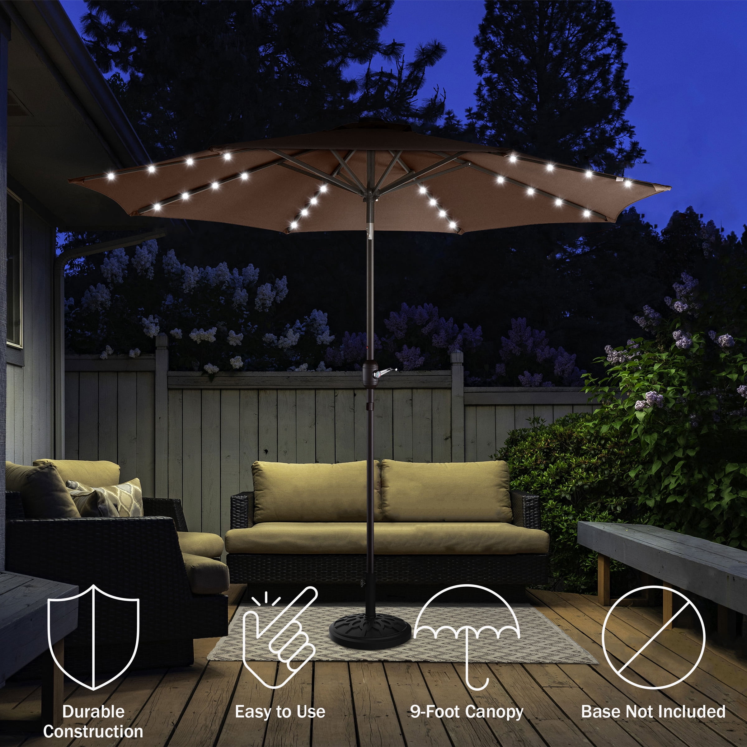 Villacera 9FT Outdoor Patio Umbrella with Solar Lights and Tilt, Brown