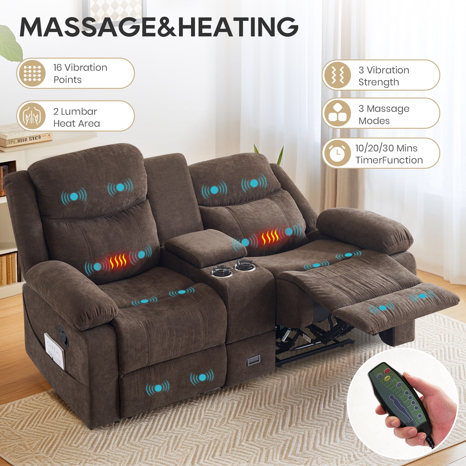 PYOIER Reclining Loveseat Sofa With Massage & Heating, Black