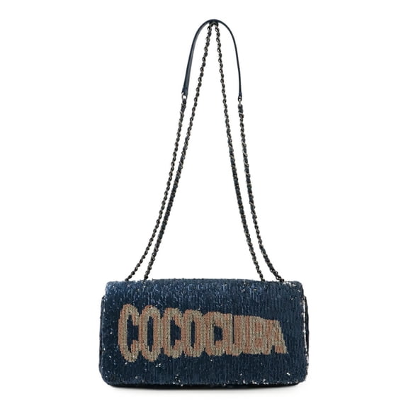 Pre-Owned CHANEL COCOCUBA Sequin Chain Shoulder Bag Leather Blue