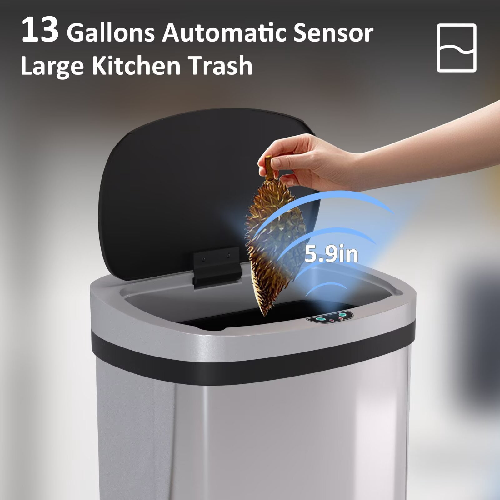 YRLLENSDAN 13 Gallon Touchless Stainless Steel Trash Can, Automatic Garbage Cans with Lid, Motion Sensor Wateproof Trash Bin for Kitchen Bedroom Bathroom Office, SS