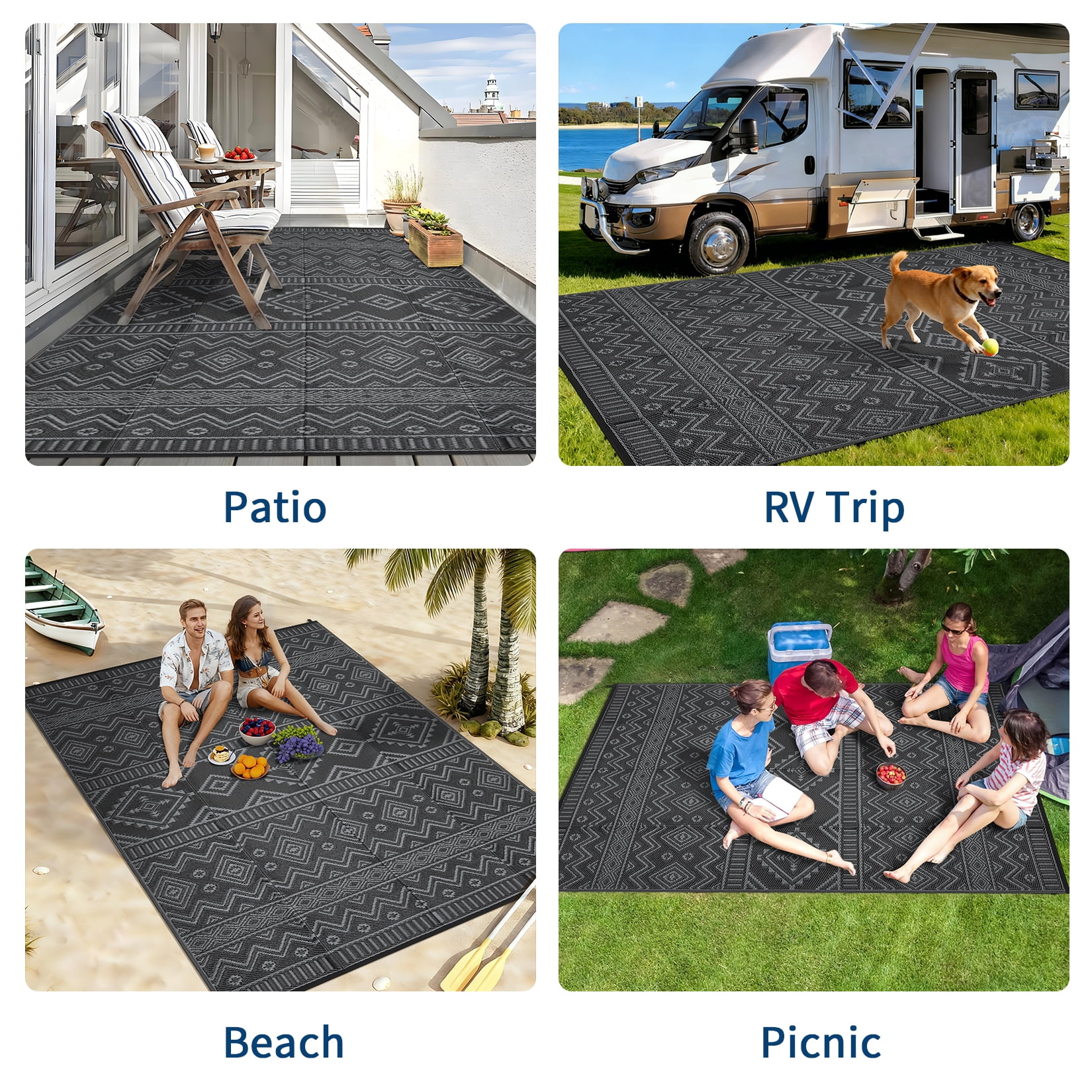 Garvee Outdoor Area Rug 8'x10' Waterproof Outdoor Carpet, Boho Plastic Straw Rug RV Mat for Picnic, Deck, Balcony, Beach, Patio, Black and Gray