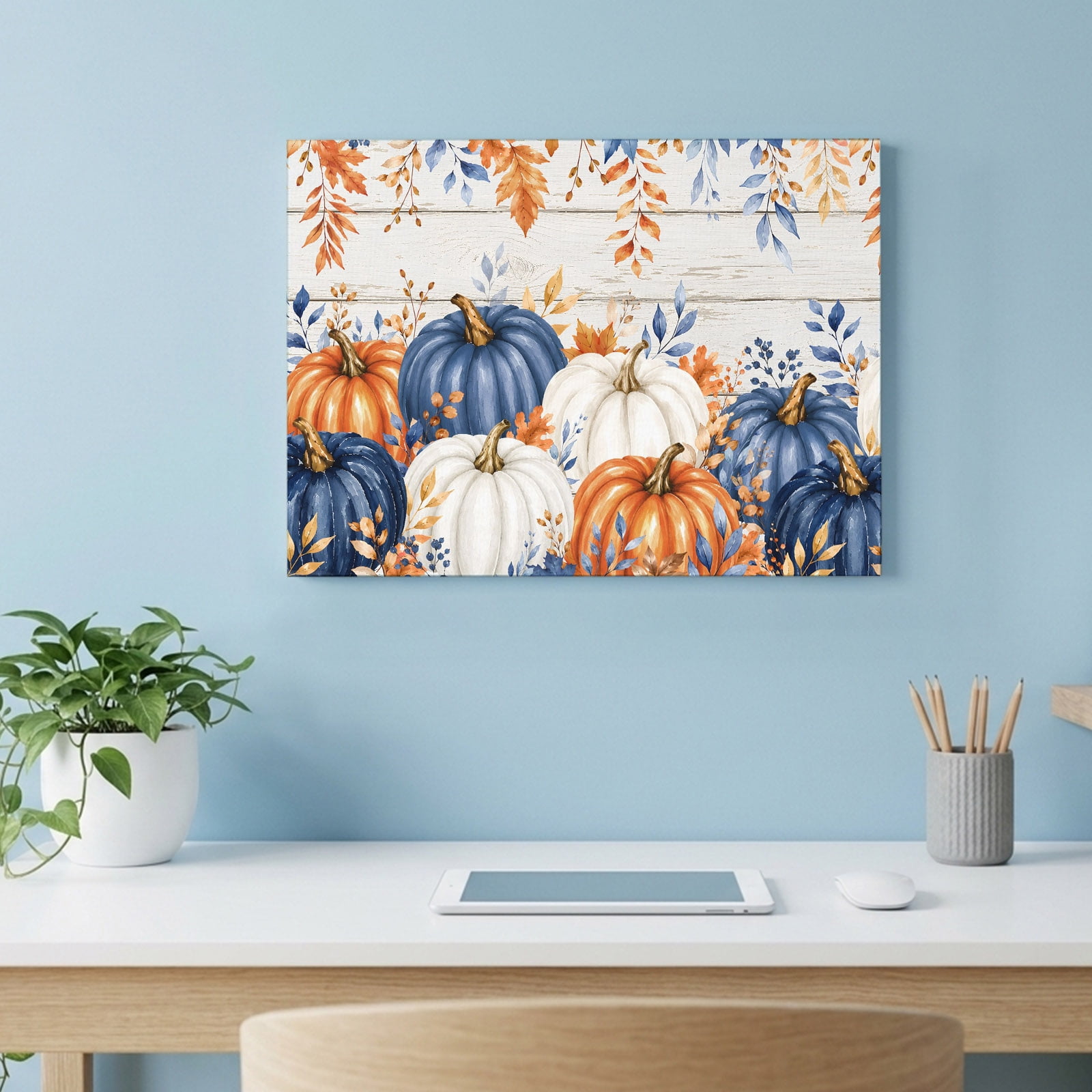 Thanksgiving Canvas Wall Art Fall Orange Blue White Pumpkins Leaf Berry Wood Grain Wall Art Prints Artwork Framed Canvas Ready to Hang Art Pictures for Living Dining Room Bedroom Hallway 24 x 18