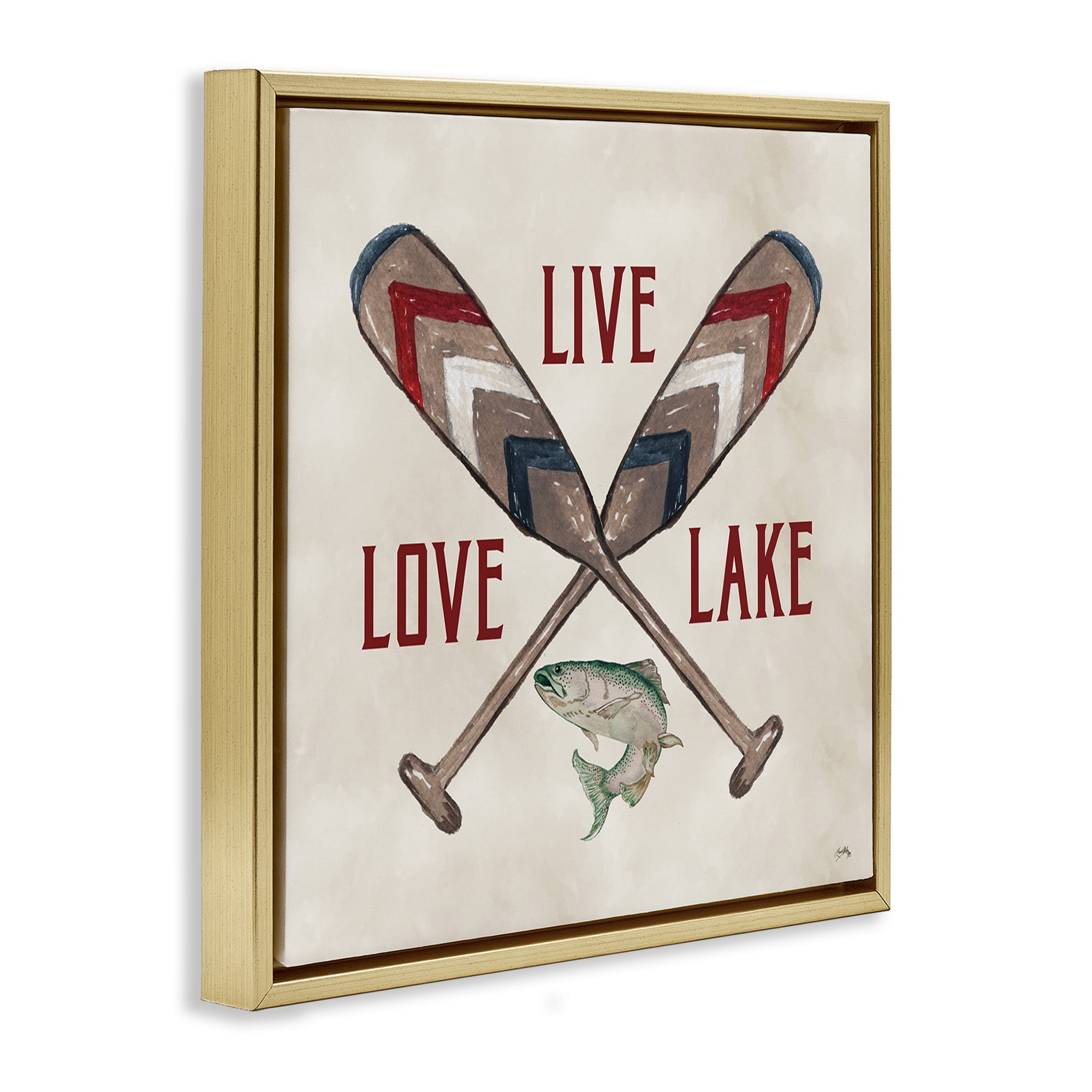 Stupell Industries Live Love Lake Oars Typography Painting Gold Floater Framed Canvas Art Print Wall Art, 25 x 25