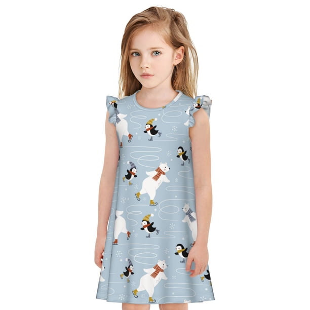 Balery Skiing penguin Bear Camisón de princesa para niñas, pijama de algodón con mangas abullonadas, suave y bonito.-XX-Large