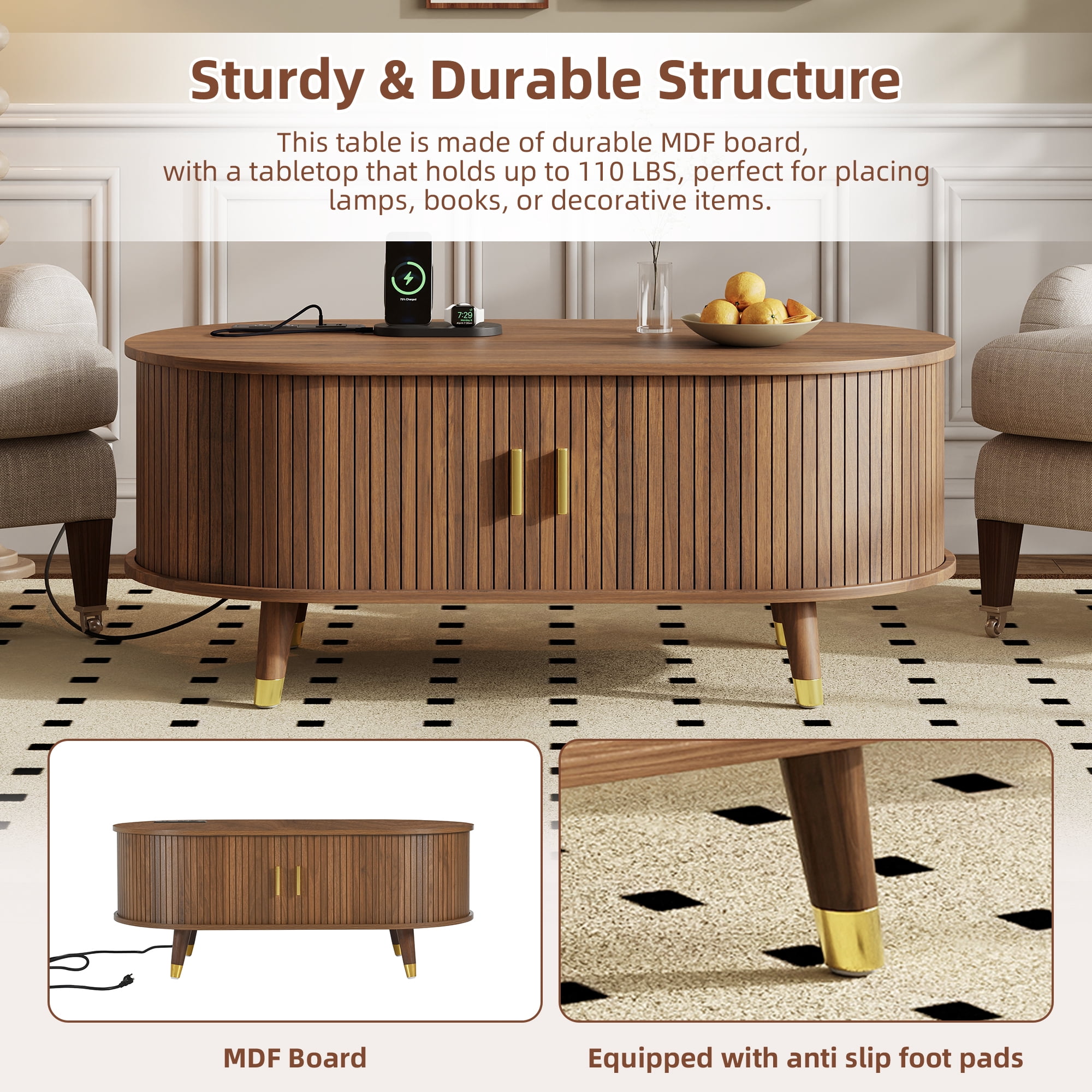 Euroco Mid-Century Modern Living Room Set with Coffee Table & TV Stand for TVs up to 80", Fluted Tambour Sliding Doors, Charging Stations with USB & AC Outlets, Solid Wood Legs，Walnut