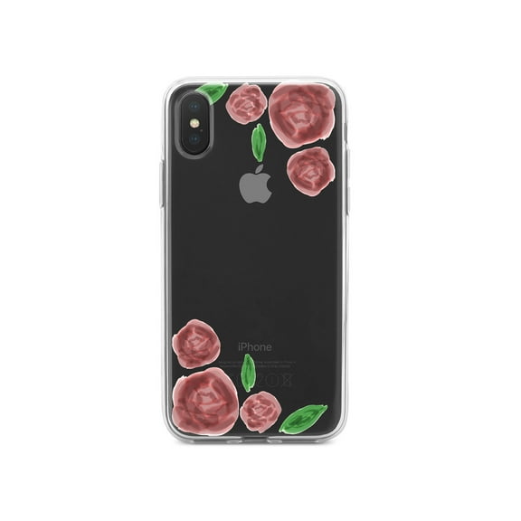 DistinctInk Clear Shockproof Hybrid Case for iPhone XR (6.1" Screen) - TPU Bumper, Acrylic Back, Tempered Glass Screen Protector - Watercolored Roses