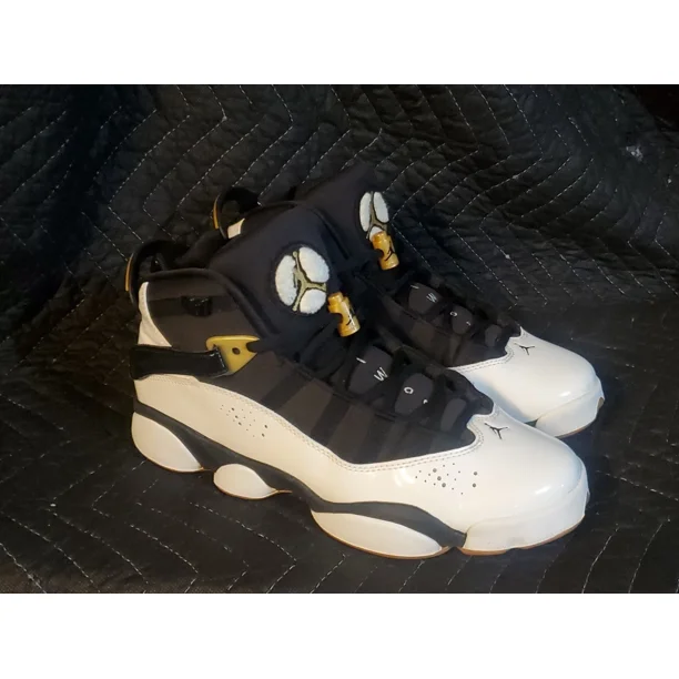 Ni - ke Ni - ke Air Jordan Shoes Sneakers Size 8.5Y Black White Gold 6 Rings 323399-100