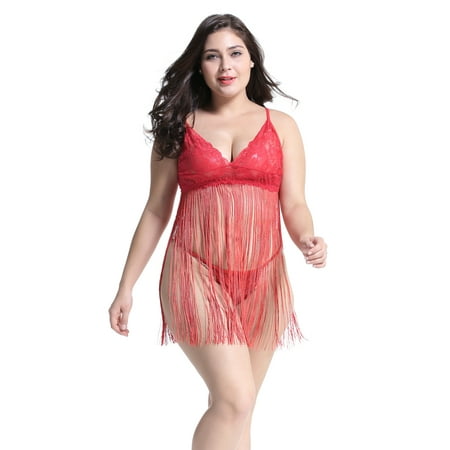 Women Babydoll Sexy Lingerie Sleepwear Lace Chemises Outfits with Tassels Red S