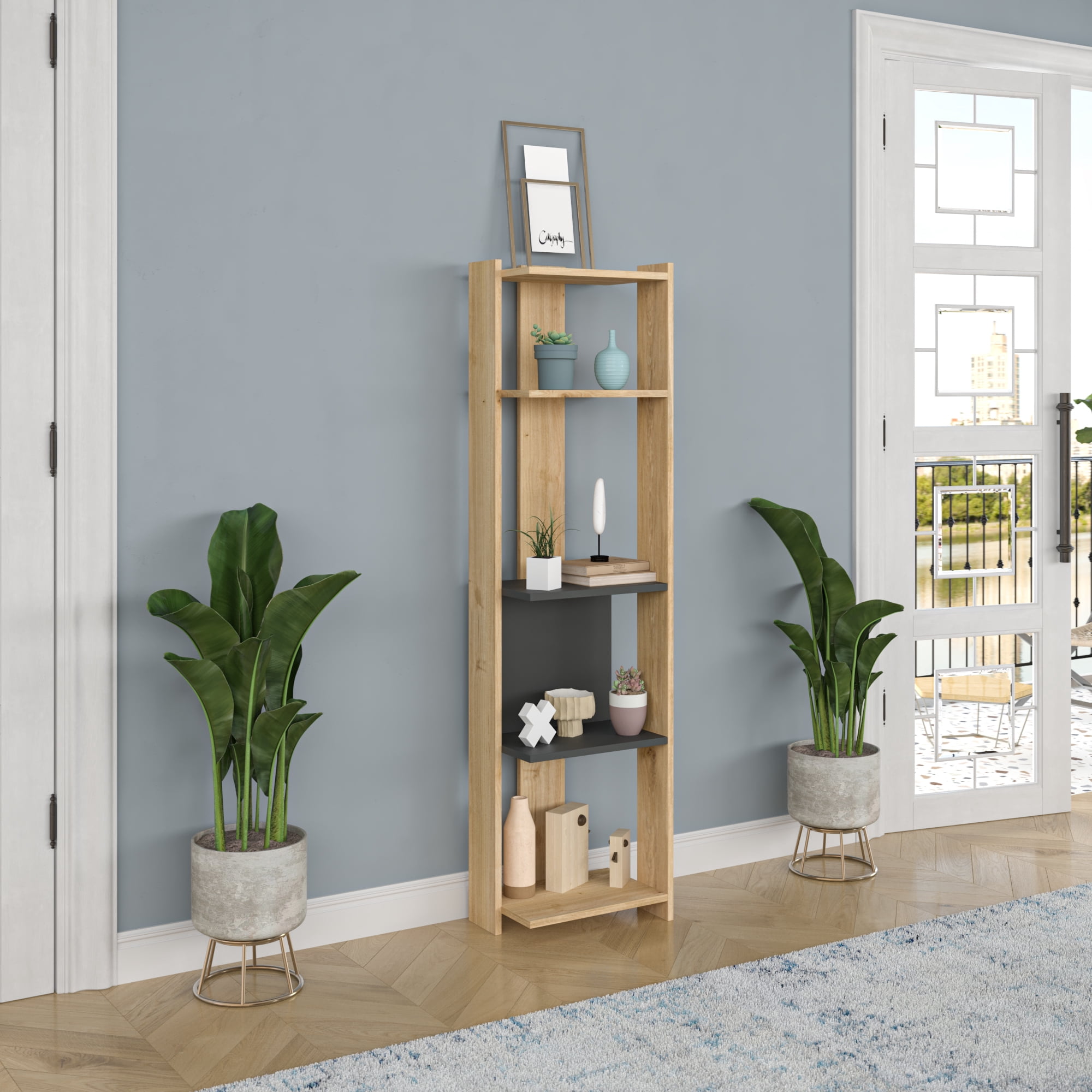 Ada Home Decor Abis 4 Tier Bookcase, Anthracite/Oak