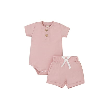 

Franhais Girl Two Piece Set Buttons Chest Short Sleeve Romper Tie Up Waist Elastic Shorts