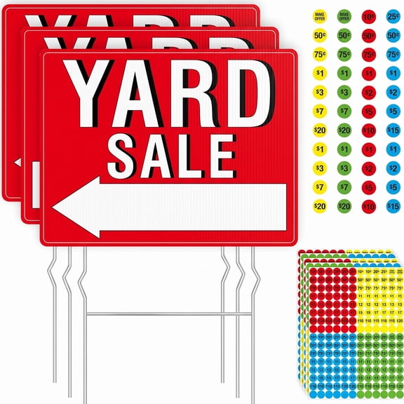 Yard Sale Sign Kit,3PCS Double Sided Garage Sale Signs with6Metal Stakes,960Assorted Price Labels,Bold Large Font,All-Weather Plastic Signs with Directional Arrow for Outdoor Estate Sales,Red