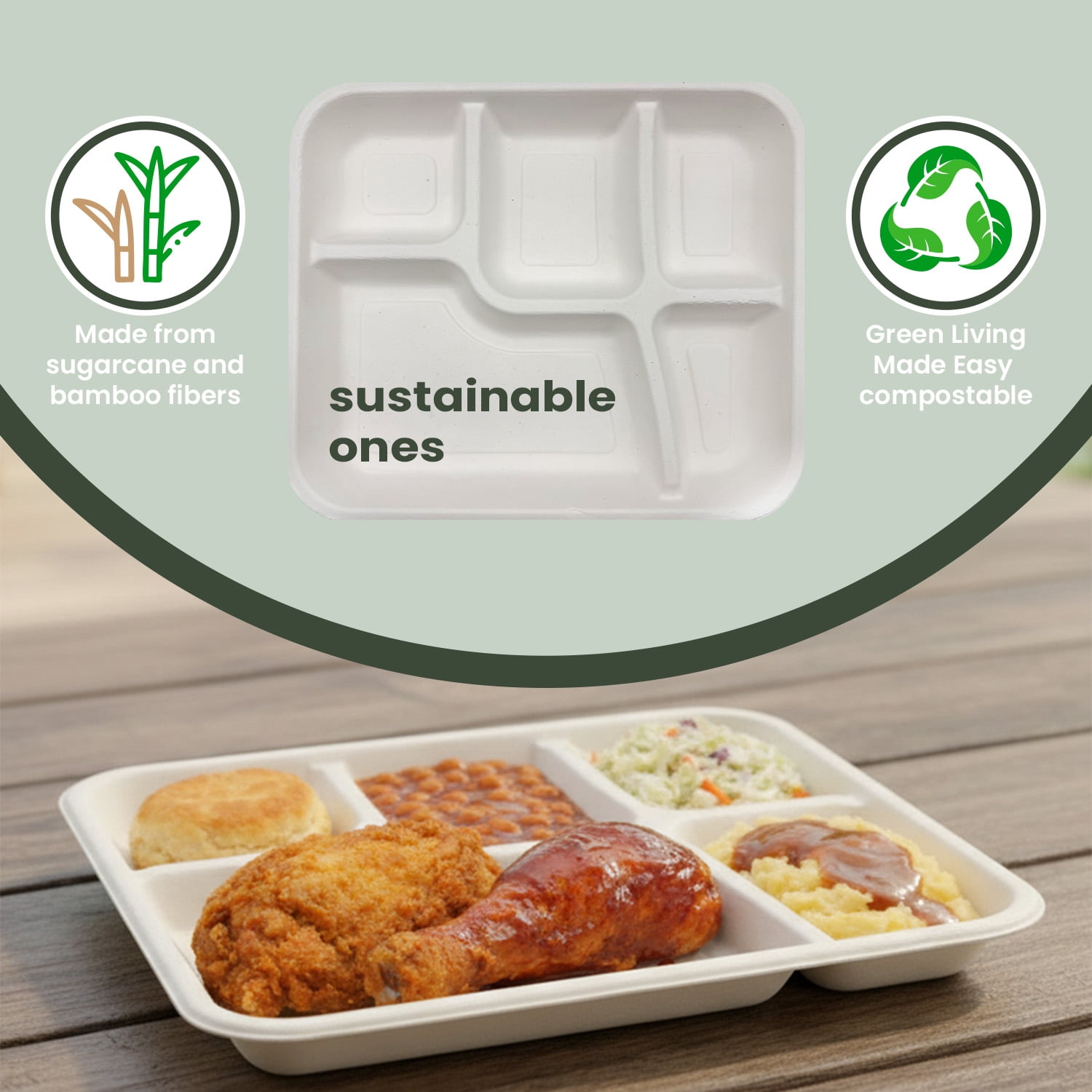FPN Paper Plates 5-Compartment 125 Pack Disposable Plate– Sugarcane Fiber, Compostable, Paper Plates for Meals, Catering, School Lunch, Microwave & Freezer Safe