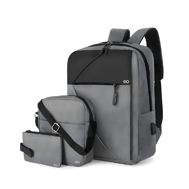Mochila Antirrobo Carga Usb Quanna Escolar Portátil Casual 3 Piezas Color Gris