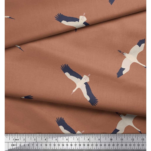 Soimoi Brown Poly Georgette Fabric Flying Stork Bird Decor Fabric Printed Yard 42 Inch Wide