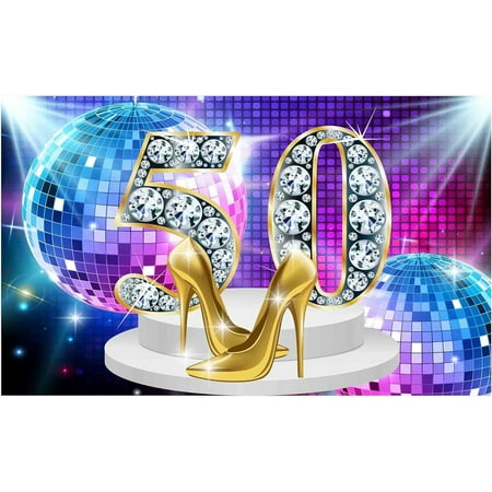Image of 50th Birthday Party Backdrop - Retro Disco Theme 70s Throwback Photography Background (Gold High Heels) (7x5ft)