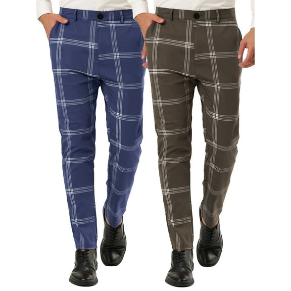 NOMADIC NOOK Men's Zip-up Flat Front Checked Printed Business Trousers 2 Pack