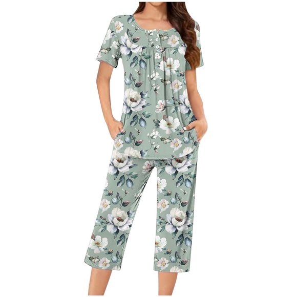 yoeyez Ensembles de Pyjama pour Femmes 2 Pcs d'Été à Imprimé Floral Vêtements de Nuit Pyjamas pour Dames Col Henley Haut Plissé à Manches Courtes et Pantalon Capri avec Poches Multicolore,G