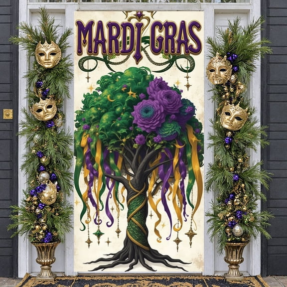 Purple Flowers Mardi Gras Banner Green Leaves Carnival Display Yellow Ribbons Gold Stars Festival Backdrop for Mardi Gras Party Indoor Decoration Holiday Photo Shoot