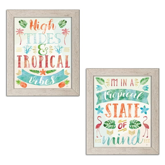 Gango Home Decor Tropical Words of Paradise II & III by Jess Aiken (Ready to Hang); Two 11x14in Distressed Framed Prints