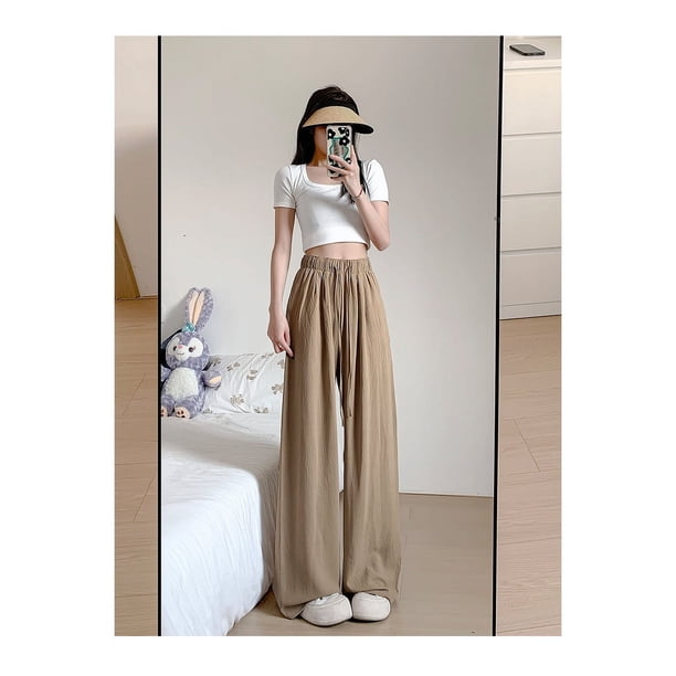 Pantalones anchos de seda de hielo marrón para mujer, pantalones Yamamoto plisados informales de cintura alta y finos de verano con protección solar y lino de algodón