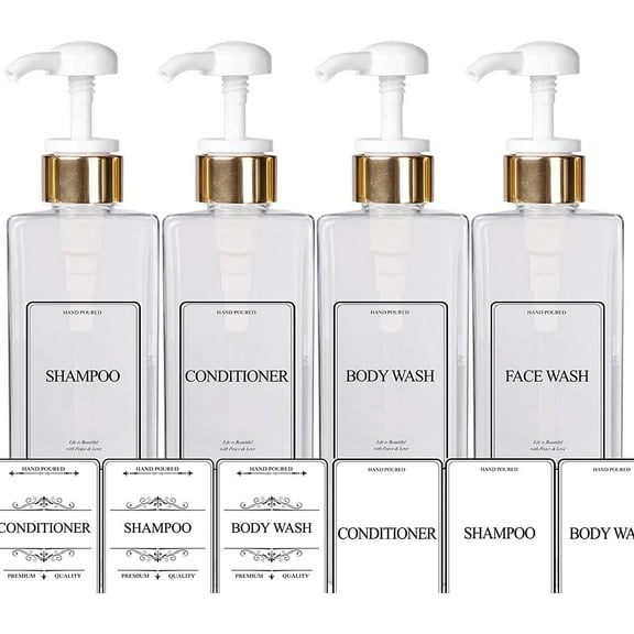 EZPRO USA Empty Plastic Bottles Pump Shampoo Conditioner Body Wash Face, in Shower Bath Soap Dispenser Reusable, Waterproof Labels Included, 27 oz 800 ml, Set of 4, Gold White, Clear Square Bottle