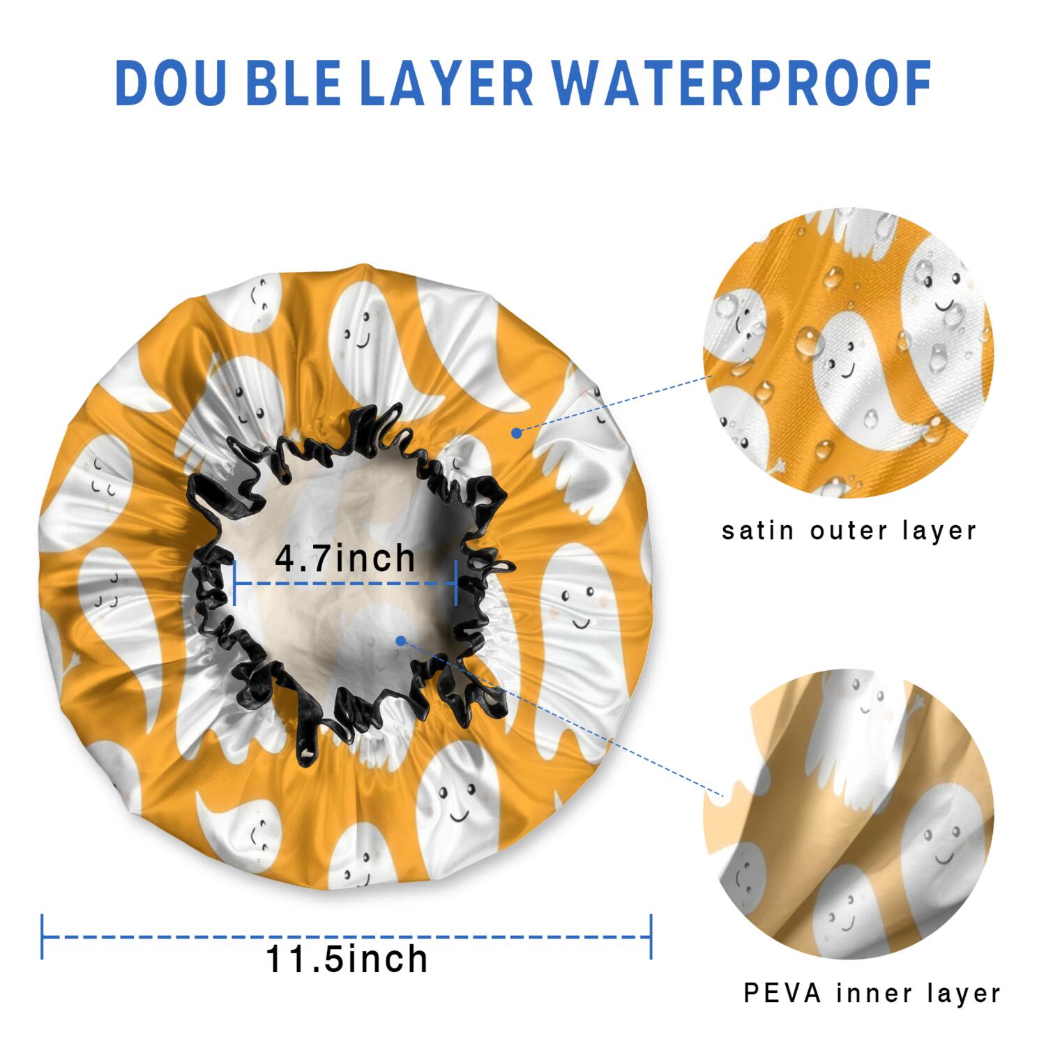 Shower Caps,Orange Halloween Ghosts Waterproof Shower Cap for Women 4 Pieces,Double Reusable Hair Cover for Shower PEVA Elastic Stretch Hem