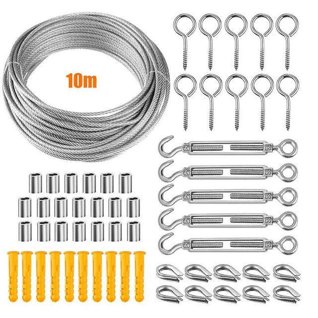 (10 m) Kit para colgar cuerda de acero inoxidable 304, cable de acero inoxidable recubierto de nailon, tensor de cable de acero de PVC, para cuerda de tienda, tendedero, candelabro de exterior