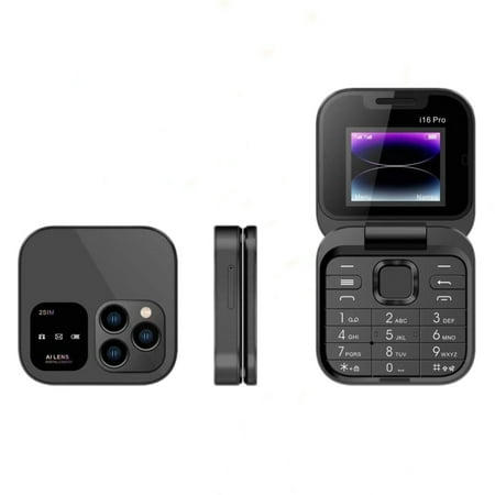 Black i16pro Mini Flip Phone 2G GMS Foldable Flip Mini Cell Phone Mobile Phone Unlocked Flip Phone 1.77 '' Screen 2 SIM Camera Flashlight Radio Flip Mini Smartphone