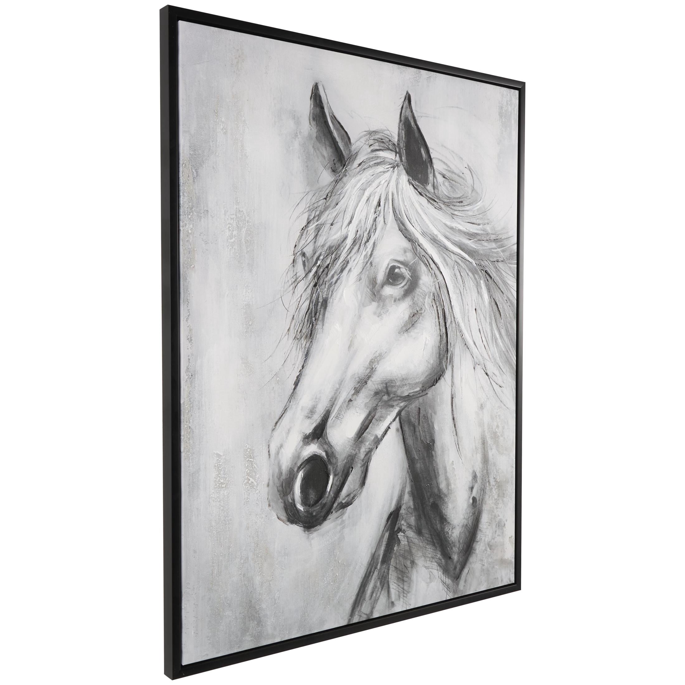 36" x 47" Hand Drawn Inspired Shaded Horse Framed Wall Art with White Background, by DecMode
