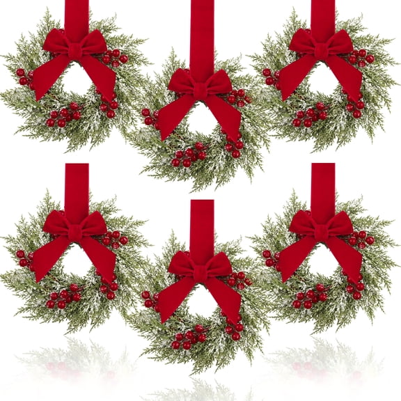 Leyaron Christmas Wreaths Decorations, 6 Pack 10" Mini Christmas Cedar Wreaths with Bow for Front Door Table Cabinets Window Home Xmas Decor