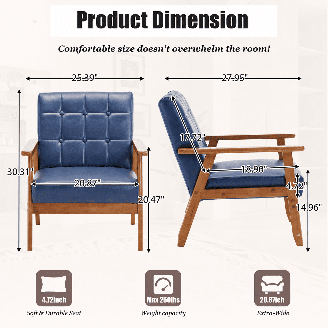 MOONMISS Accent Chair Set of 2,Mid Century Modern PU Armchair with Wood Frame for Living Room Bedroom Study Room Easy Assembly,Navy