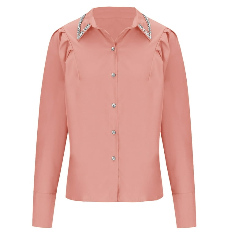 UYISJ Women s Puff Long Sleeve Button Down Shirts Lapel V Neck Rhinestone Collar Work Blouses Business Casual Tops Walmart