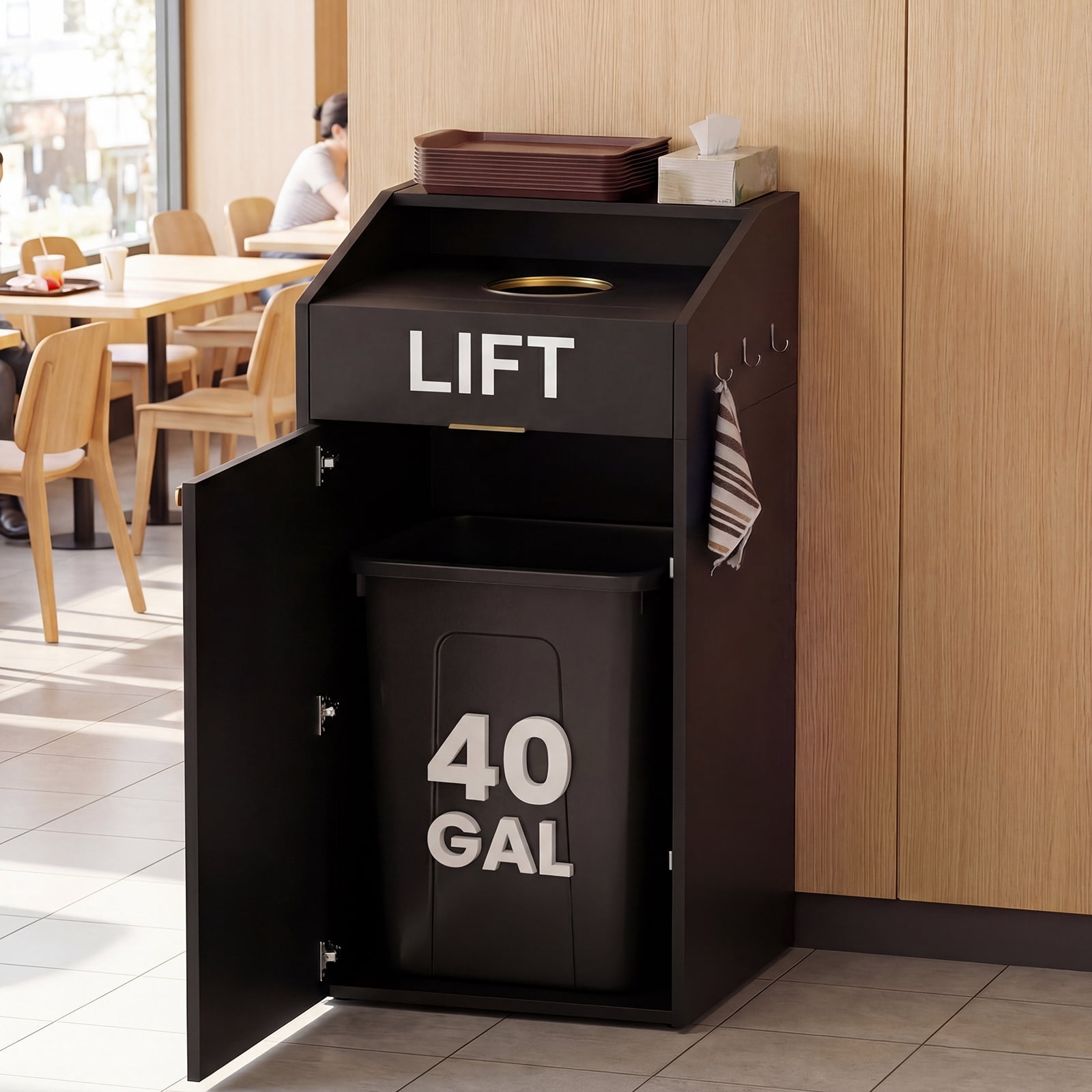 Advwin 40 Gallon Commercial Trash Can Cabinet, Heavy Duty Restaurant Waste Receptacle with Lift-Up Door, Top Cup Slot & Tray Holder, Wooden Garbage Bin Enclosure for Cafeteria, School, Office & Lobby