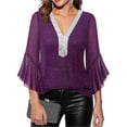 thumbnail image 4 of Stamzod Women Blouses Fashion Hot Gold Edge V Neck Mesh 3/4 Length Sleeve Womens Tops Party Wedding Casual Top Purple M, 4 of 8