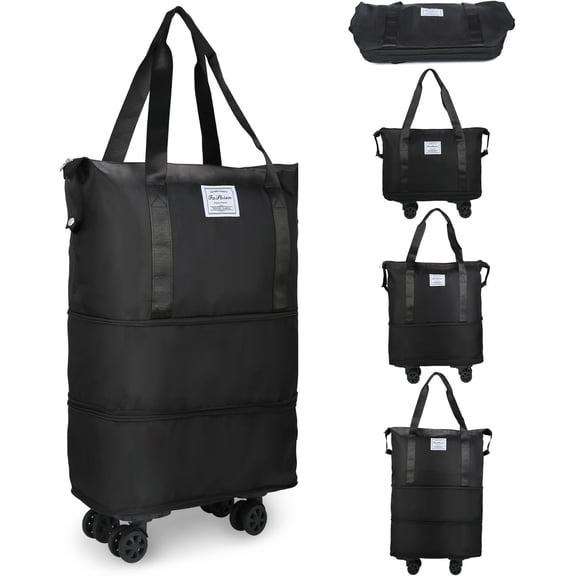 Rolling Duffle Bag with Wheels, Expandable Foldable Duffle Bag for Travel, Rolling Under Seat Luggage Carry on Duffel Bags, Wheeled Travel Duffel Weekend Bags, Capacity 18L to 40L (Black)