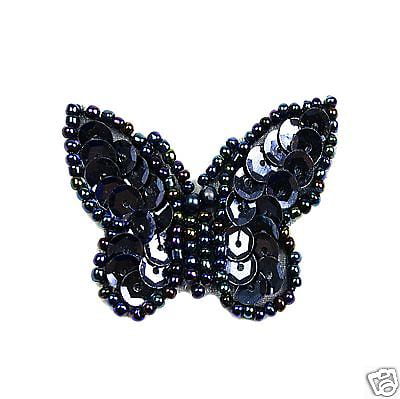 Lily 1.75"x1.25" Black Navy White Sequins Butterfly Sew On Applique Patch DIY