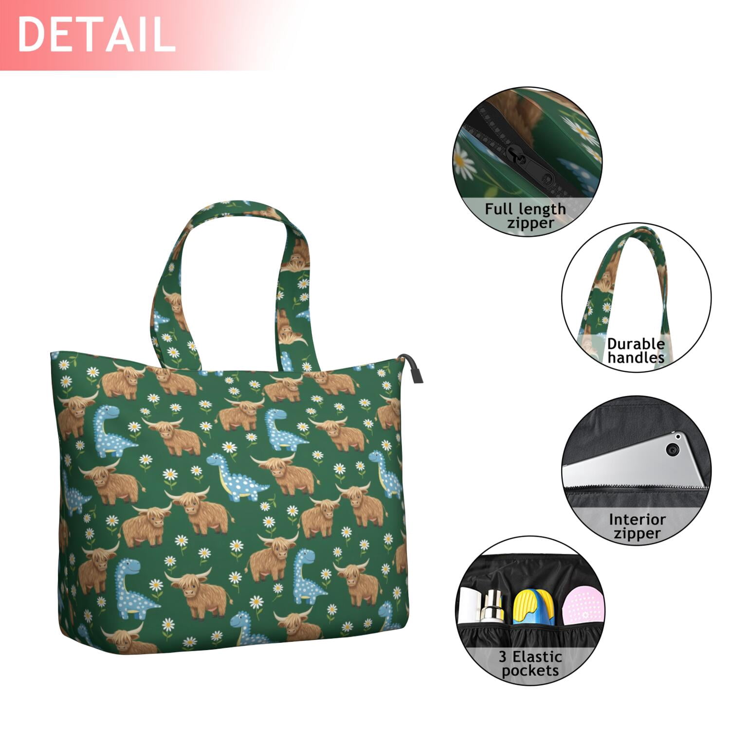 Green Highland Cow Dinosaur Pattern Travel Tote Bags for Women Carry On,Large Weekender Bags for Women Travel,Multi Functional Duffle Bag for Work,Shopping,Sports