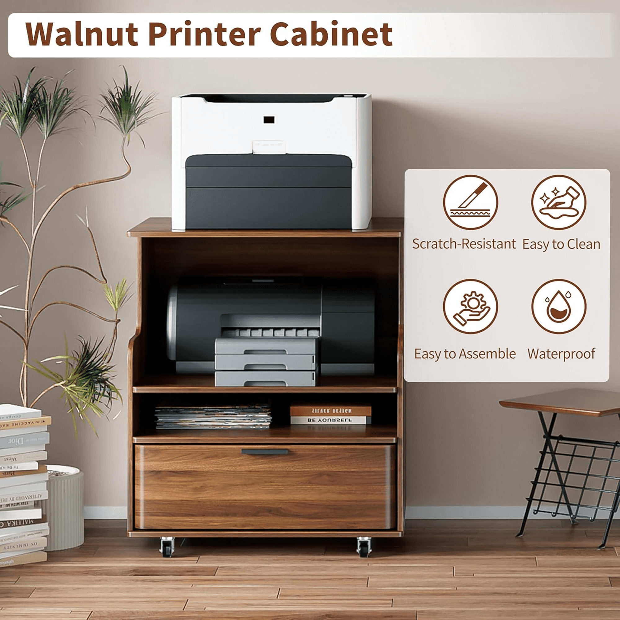 Oubayajia Printer Stand, 3 Tier Rolling Printer Cart with Wheels and Drawer, Stand for Heat Press Mini Fridge for Home Office, Walnut