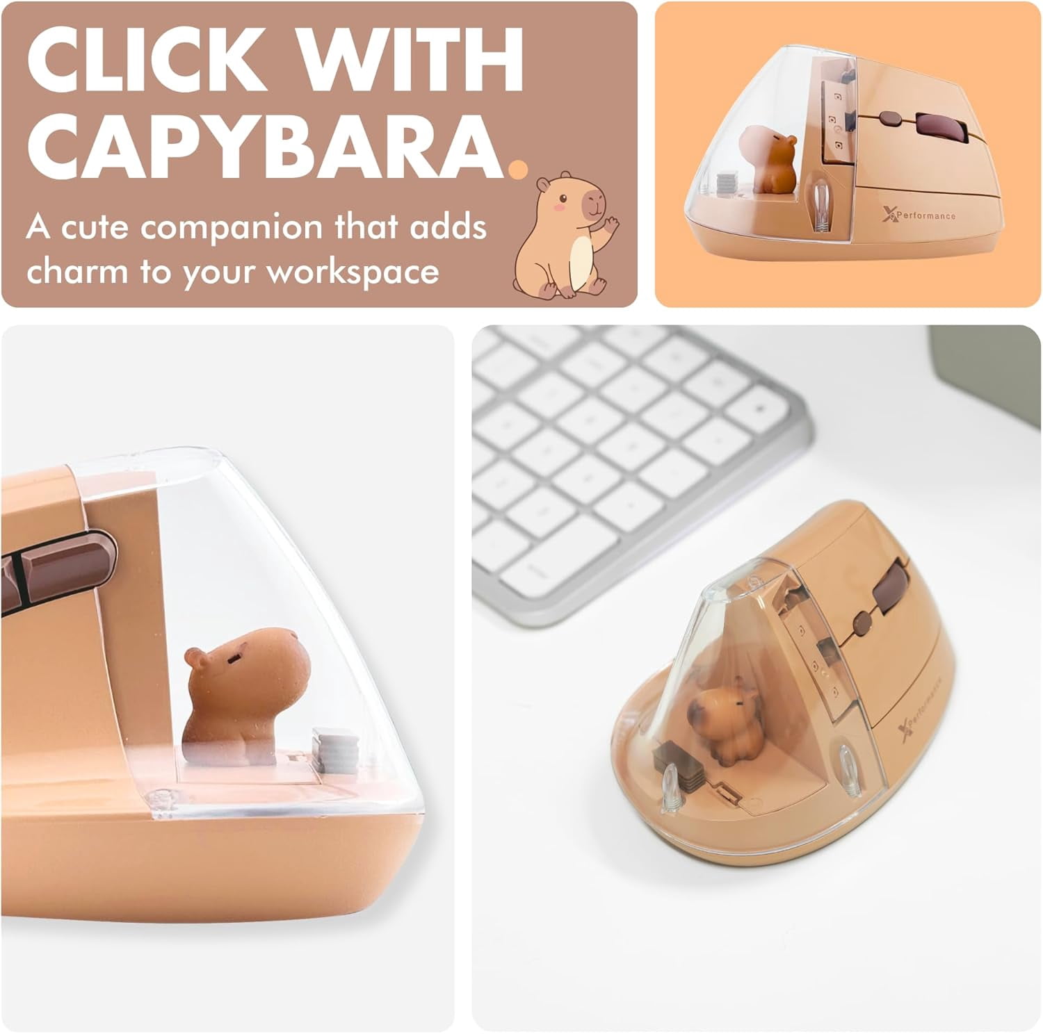X9 Performance Wireless Vertical Ergonomic Mouse - Click with Capybara - (BT + 2.4G) Up to 4000 DPI, 6 Button, Rechargeable - Bluetooth Ergonomic Vertical Mouse Wireless - For Mac and PC - Brown