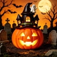 thumbnail image 4 of Linterna con forma de calabaza de resina iluminada con luz LED cálida – Adorno de castillo espeluznante con fantasma, murciélagos y calavera para decoración de mesa de Halloween, 4 of 6