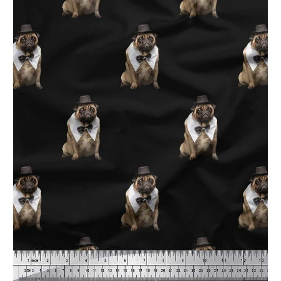 Soimoi Cotton Voile Fabric Bow,Hat & Pug Dog Print Fabric by The Yard 42 Inch Wide