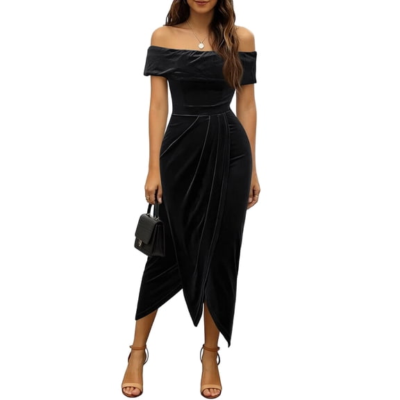 Laqbezok Women's Off-The-Shoulder Velvet Midi Dress, Sexy Ruched Bodycon Evening Gown, Elegant Asymmetrical Tulip Hem Cocktail Party Wedding Guest Dress