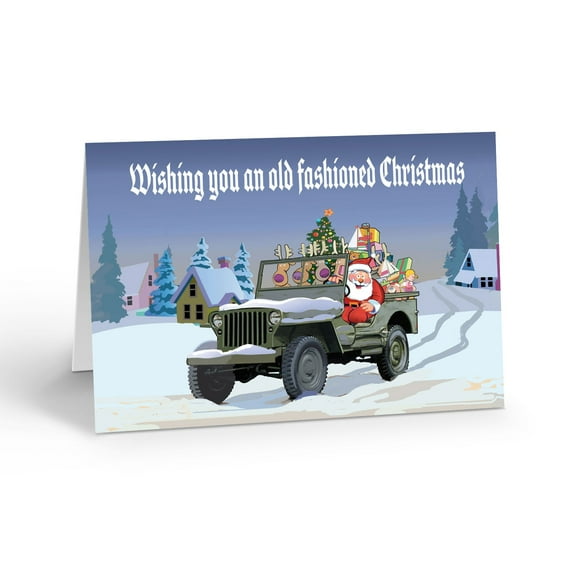 Stonehouse Collection Christmas Greeting Cards, Santa in Vintage Army Vehicle, USA Made, Boxed Set of 18 with Envelopes